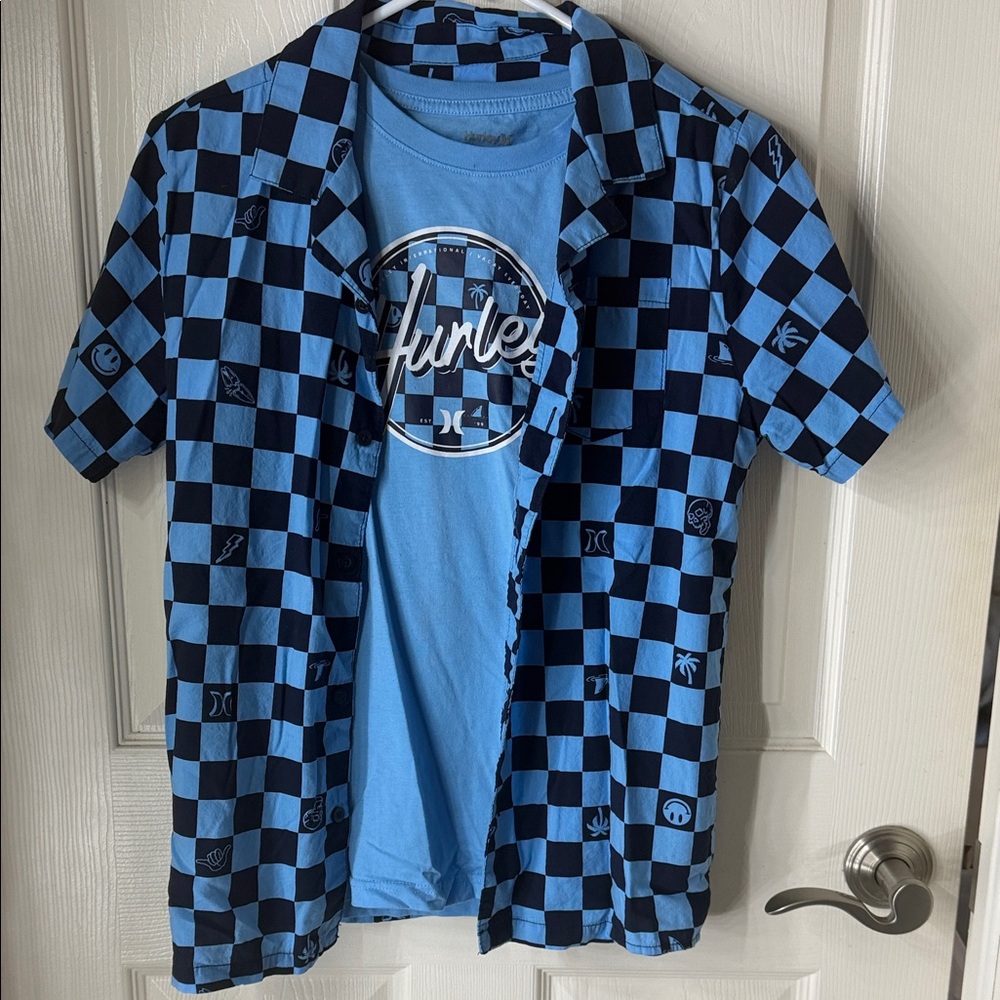 Hurley Blue and Black Check Short-Sleeve Button-Down with Light Blue Logo Tee